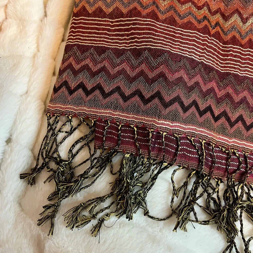 Gorgeous Boho Chevron Brown Gold Black Retro Style Tasseled Fashion Hippie Scarf